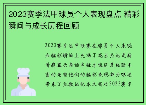 2023赛季法甲球员个人表现盘点 精彩瞬间与成长历程回顾