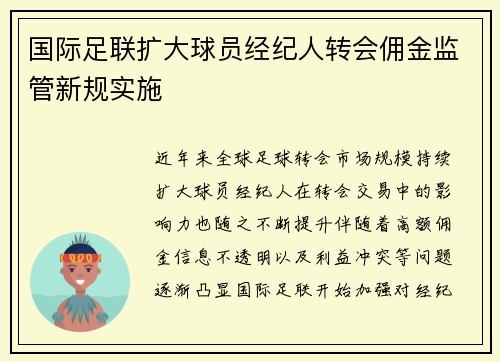 国际足联扩大球员经纪人转会佣金监管新规实施